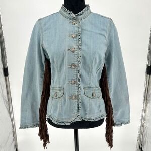 Y2K Baccini Faux Leather Fringe Ruffle Trim Denim Button Up Jacket Western Wms M
